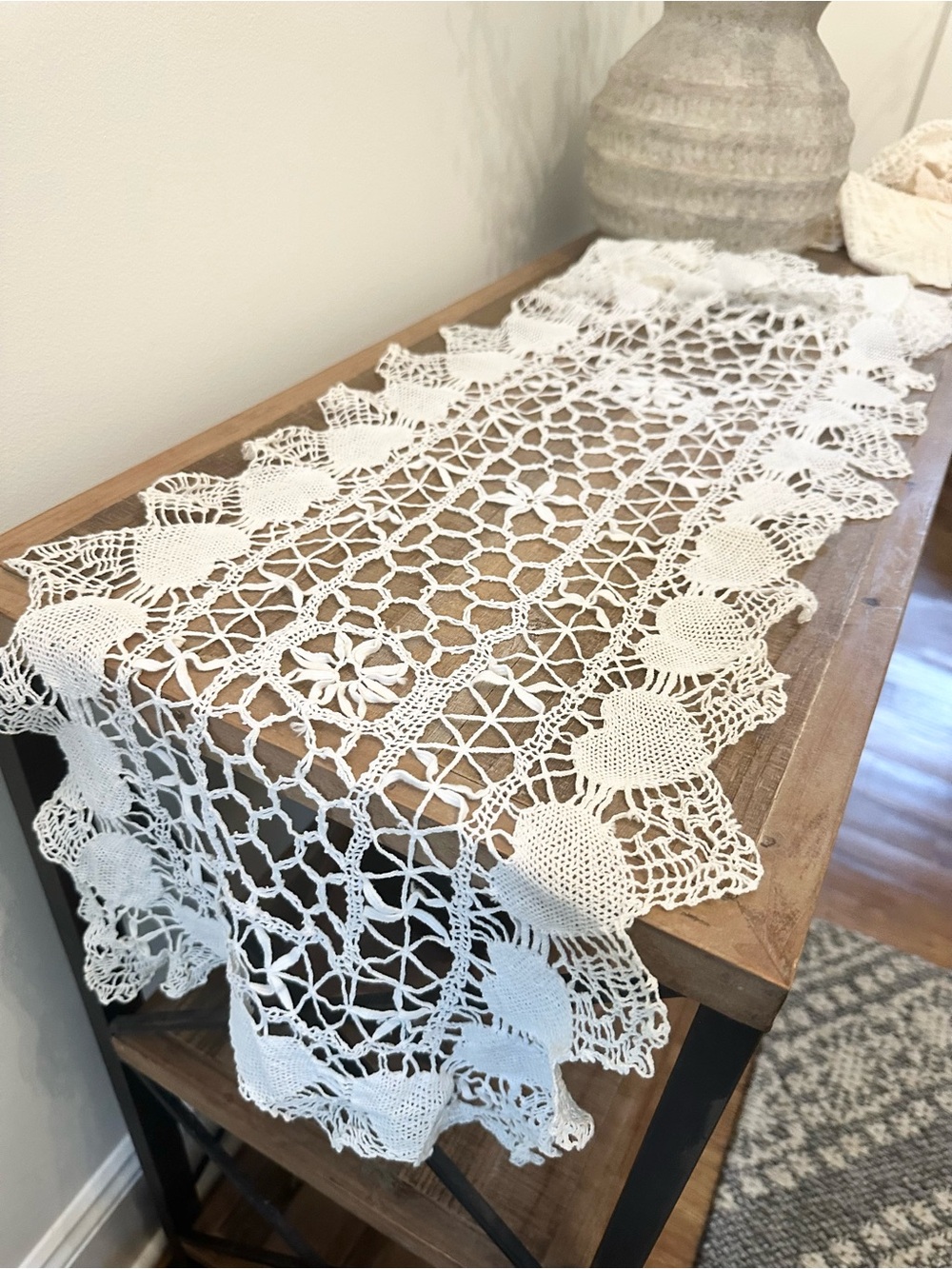 Handmade White Crochet Lace Table Runner Floral Hearts Home Dining 48 x 12”